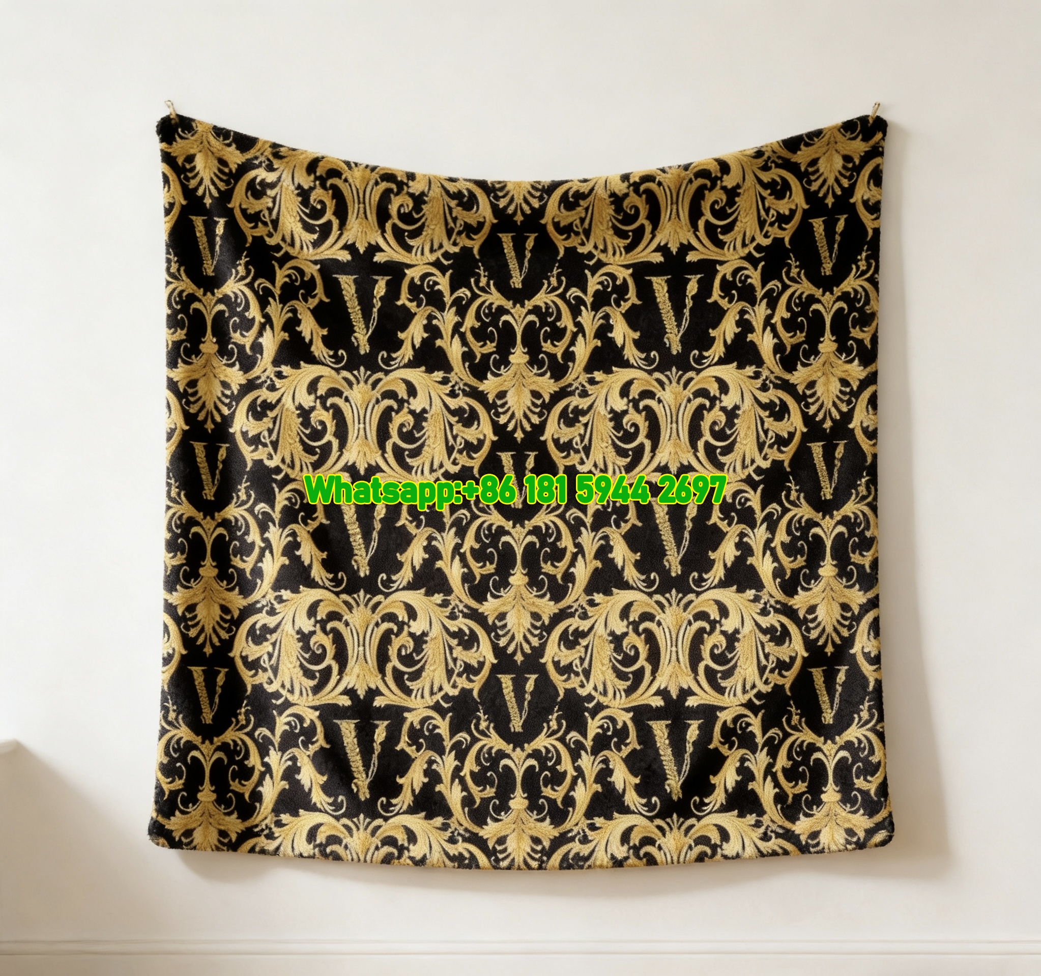 Versace Black Gold Baroque V Monogram Print Flannel Sofa Throw Blanket IMG_1324